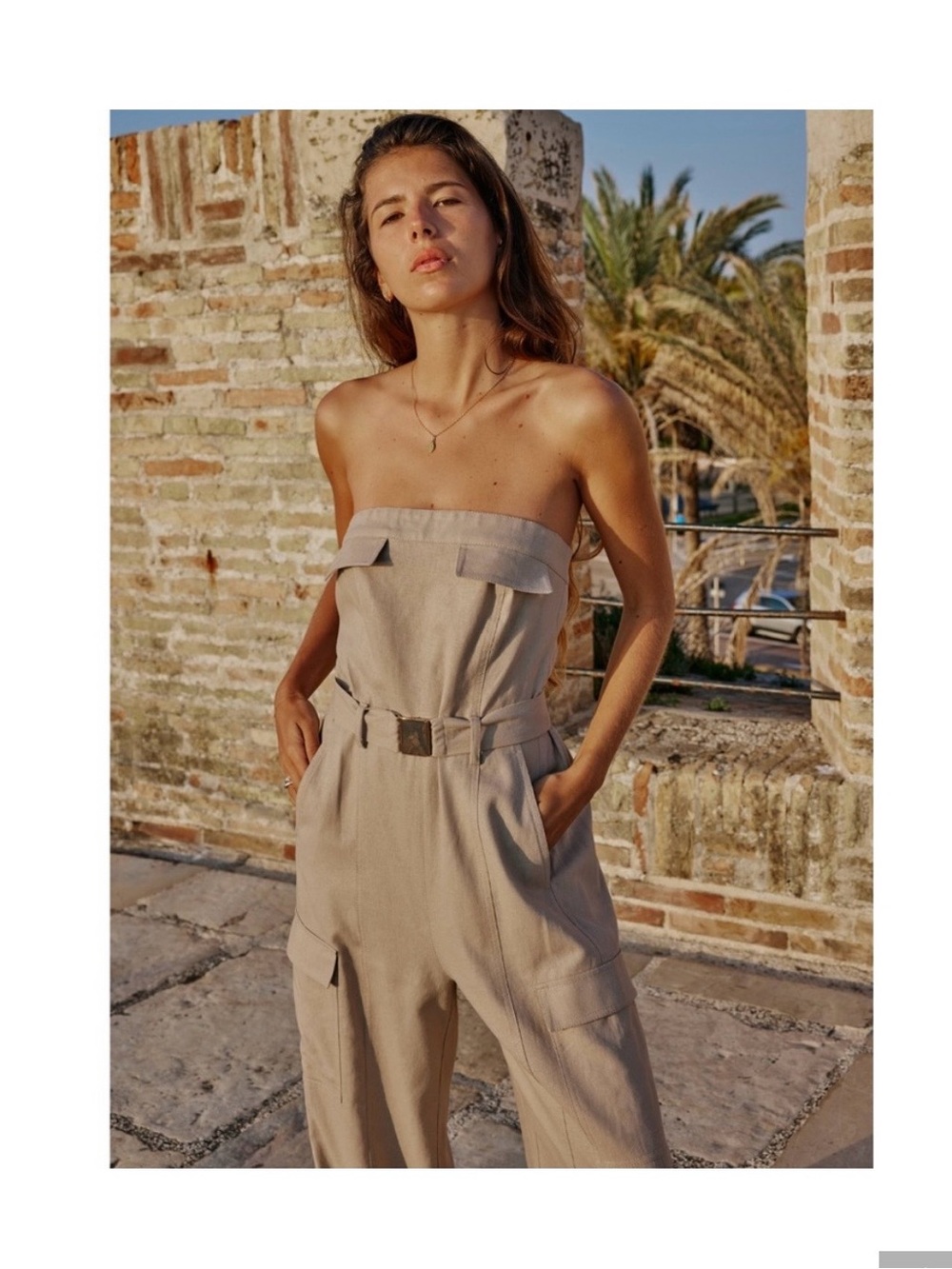Zara Strapless Utility Jumpsuit in Beige